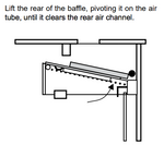 Diagram showing how to lift and pivot a Regency H2100 baffle on an air tube.