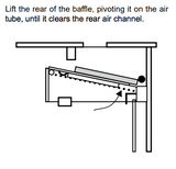 Diagram showing how to lift and pivot a Regency H2100 baffle on an air tube.